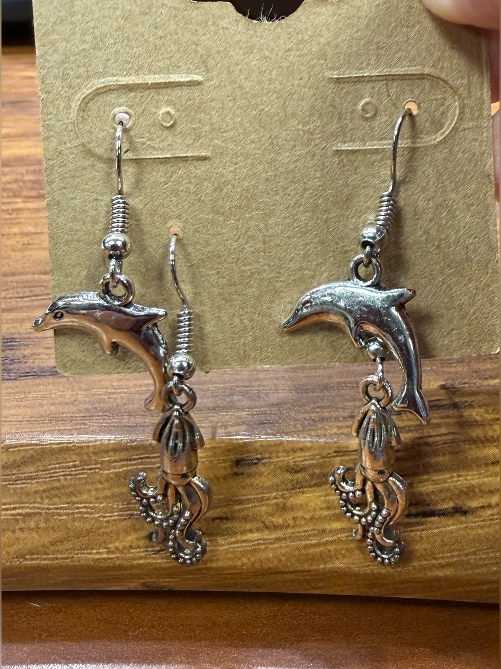 Ocean Life - 2-sets - Silver Plated Dolphin Dangle & Squid Dangle Earrings